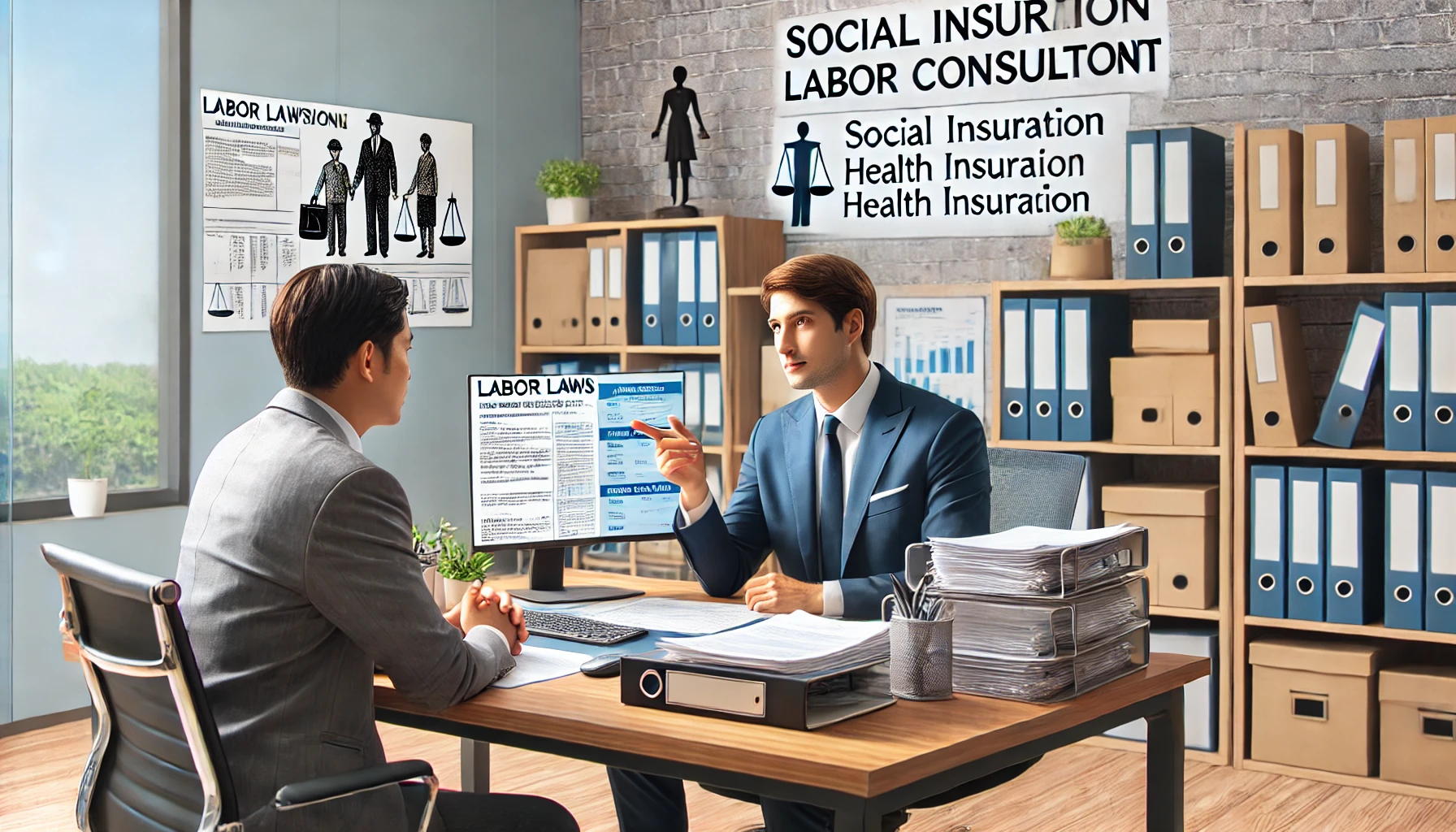 A professional office setting where a social insurance labor consultant (社労士) is assisting a businessperson. The consultant is shown at a desk with documents related to labor laws, health insurance, and pension papers. The environment is modern, with a computer, bookshelves with legal books, and charts on the wall about labor rights. The consultant is providing guidance, and the businessperson is listening attentively. The atmosphere is calm and professional, emphasizing the importance of legal expertise in supporting businesses and workers.